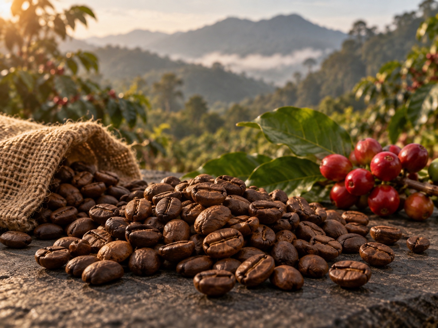 Biji kopi Indonesia dengan latar perkebunan dataran tinggi